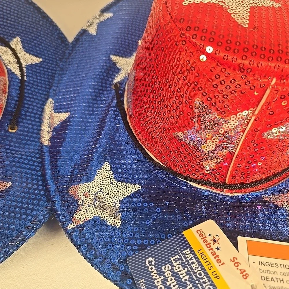 Way to Celebrate 2 Unisex‎ Light Up Sequins Red White Blue Cowboy Hats Team USA